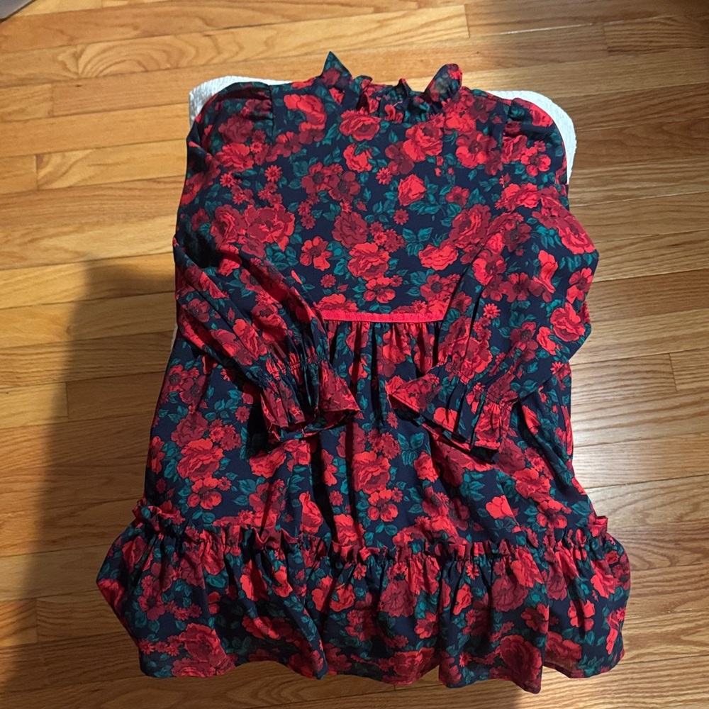 Janie and Jack Red Floral Kids Dress 7 w hair bow! Great for Christmas Card pics